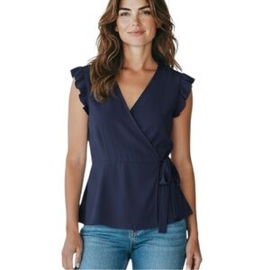 Monteau Los Angeles Wrap Top Small Blue Ruffle Sleeve Peplum Blouse Tie Waist